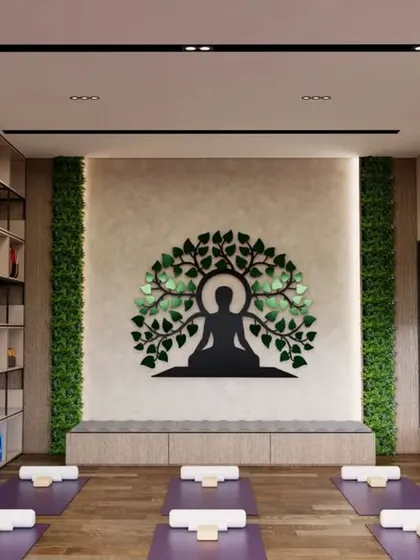 For this yoga studio, I designed a space that promotes tranquility and focus. The centerpiece is the custom Bodhi tree wall art, flanked by green wall panels to bring nature indoors. The clean lines, warm wood flooring, and ample space for mats create a functional and peaceful environment for practice.
