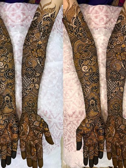 A classic full bridal design covering the entire arm. I've used a combination of floral vines, paisleys, and delicate fillers to create a dense and beautiful pattern.