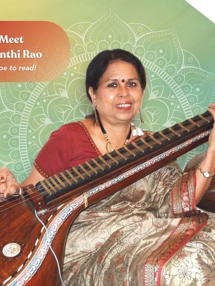 A graphic introducing veena artist Shanthi Rao for her "Morning Raag" concert.
