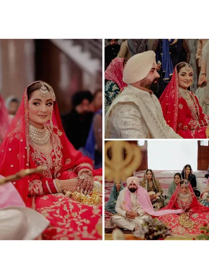 This collage captures various moments from the Anand Karaj ceremony, from the bride's serene portraits to wider shots of the couple seated with their families in the Gurudwara.