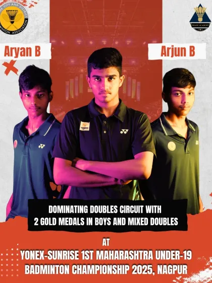 A graphic celebrating the doubles dominance of our junior players at the Maharashtra Under-19 Badminton Championship in Nagpur.