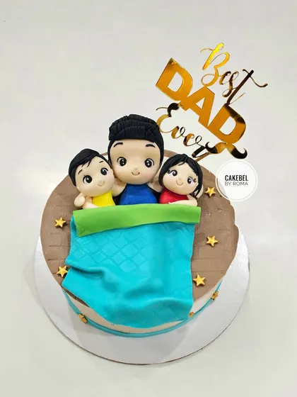 A personal cake I made to celebrate my husband, the "Best Dad Ever." It captures a sweet moment of him relaxing in bed with our two kids, a typical holiday scene in our home.