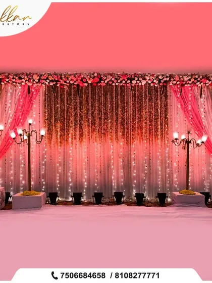 A glamorous stage backdrop with shimmering curtains and vintage-style street lamps. The floral border in shades of pink adds a soft, romantic touch.