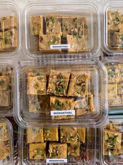 My homemade Mohanthal, a traditional Gujarati sweet, packed and ready for delivery. Each piece is rich with ghee and nuts, perfect for festive gifting.