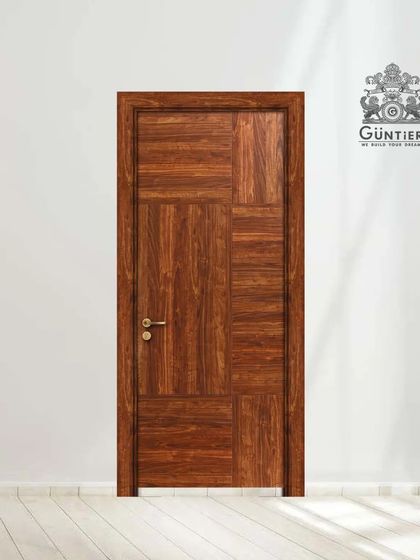 A laminated door with a creative geometric wood pattern. This option provides a custom look at a budget-friendly price point.