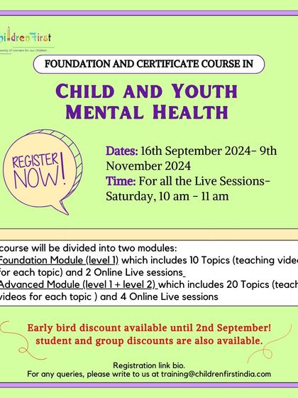 Here are the key details for our CYMH course, including dates, live session timings, and the structure of our two modules. We offer early bird and group discounts to make the program more accessible.