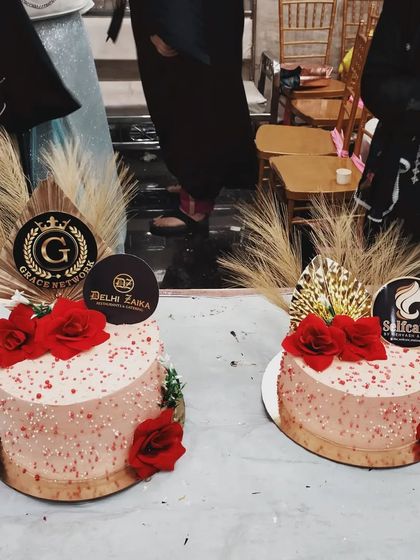 A close-up of the sponsored celebration cakes at the Grace Network event.