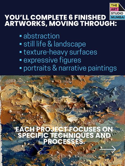 In the acrylics course, you will complete six finished artworks. We will move through abstraction, still life, texture-heavy surfaces, expressive figures, and narrative paintings.
