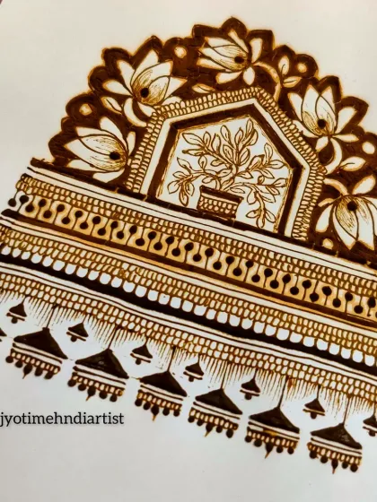 A traditional design featuring a Tulsi plant surrounded by lotus flowers, combining sacred and beautiful natural elements.