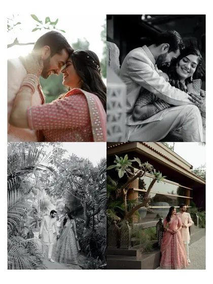 A collection of beautiful moments from Prachi and Shubham's engagement function. The mix of color and black and white captures the elegance of their outfits and the warmth of their connection.