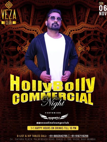 A 'HollyBolly Commercial Night' poster, showcasing my ability to mix Hollywood chart-toppers with Bollywood party music.
