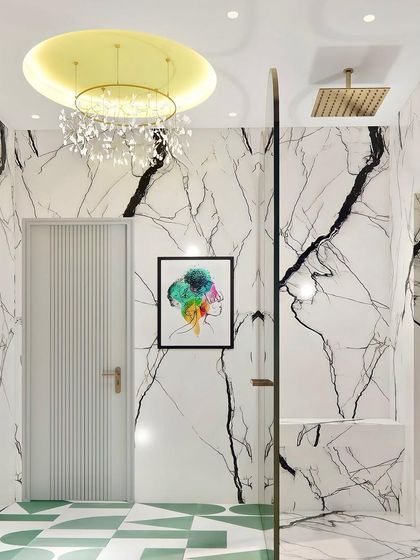 A kids' bathroom concept that is both artistic and elegant. It features panda marble walls, a geometric green and white tiled floor, and a colorful abstract art piece.