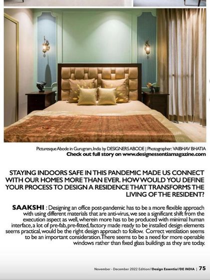 A snippet from Design Essentia magazine, where they covered our "Picturesque Abode" project. The article discusses our approach to designing post-pandemic, with a focus on flexibility and well-ventilated spaces.