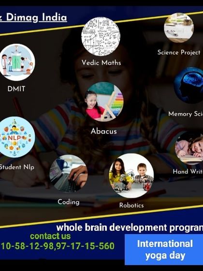 An infographic promoting our whole brain development program, which includes courses like DMIT, Vedic Maths, Abacus, Coding, and Robotics.