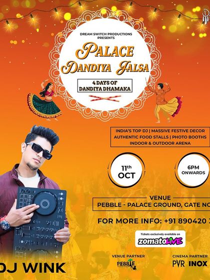 Here is the poster for the 'Palace Dandiya Jalsa' at Pebble, Palace Ground. I am experienced in playing for large-scale, multi-day festive events with top DJs and massive decor.