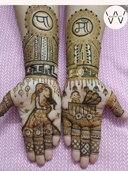 A detailed look at a personalized baby shower design, featuring a drawing of a pregnant mother and a baby in a carriage.