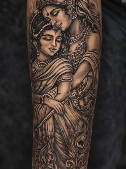 This Radha Krishna tattoo is a story of eternal love, created with immense detail. I've used fine lines and soft shading to capture the divine emotion and connection between them. Look closely at the delicate jewelry, the serene expressions, and the peacock feather, all coming together to create a piece that is truly 'shandaar'.