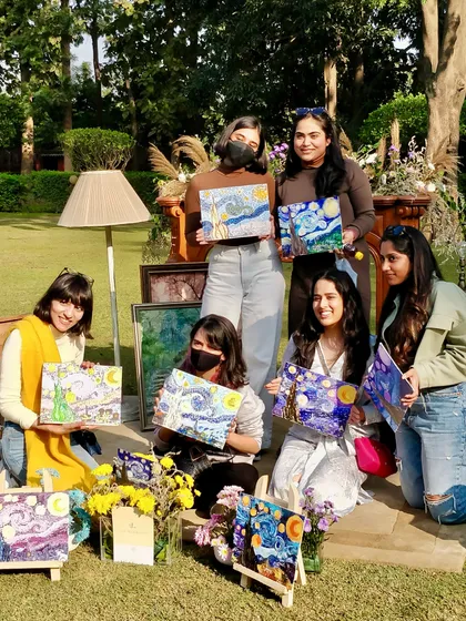 We bring the art party to you. Here’s a beautiful day spent painting Van Gogh's 'Starry Night' in an outdoor garden setting in Delhi. Perfect for a private gathering with friends or family.