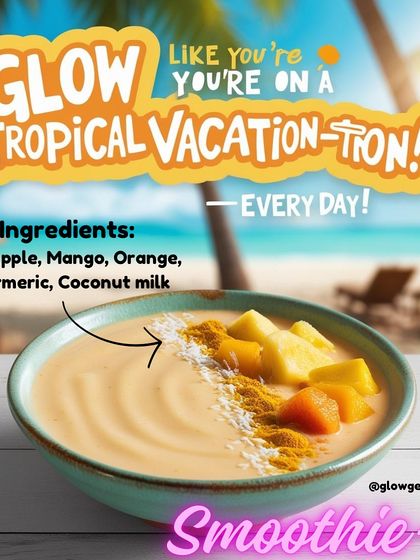 Get a tropical glow every day with this smoothie. Made with pineapple, mango, orange, and turmeric, it's high in Vitamin C and anti-inflammatory properties. This combination helps to even out skin tone and reduce redness for a brighter complexion.