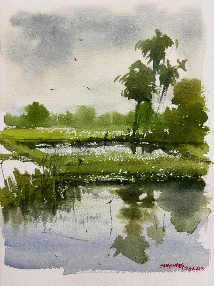A small, moody watercolor sketch of a paddy field. I used a limited palette and wet-on-wet technique to create the feeling of an overcast day and the calm reflections in the water.