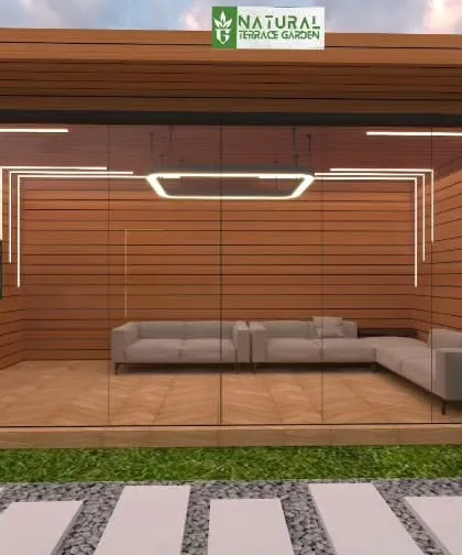 A 3D render of a glass-walled entertainment room, featuring a large TV and modern wood-paneled walls.