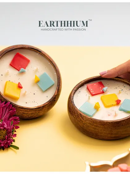 For Makar Sankranti, I made these colorful kite motif candles in wooden bowls to celebrate the festival of kites.