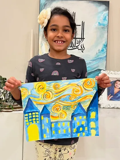 I am always so proud to see our students tackle the greats! Here is a beautiful and vibrant take on Van Gogh’s ‘Starry Night’. We love introducing kids to famous artists in a fun, accessible way, inspiring them to create their own masterpieces.