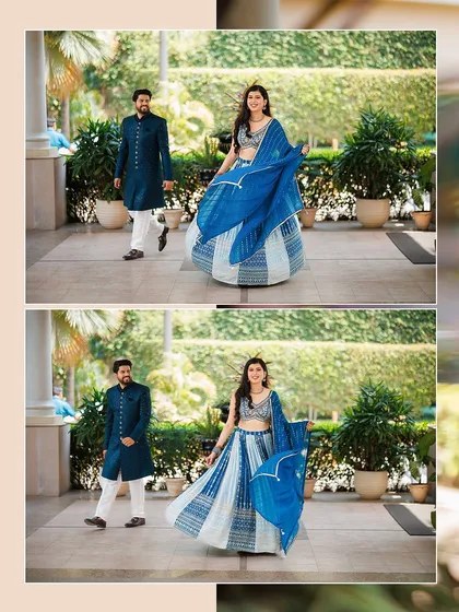This two-photo layout captures the bride's joyful twirl, showing off her beautiful lehenga. We make sure to get dynamic, action-oriented shots that reflect the energy of the day.