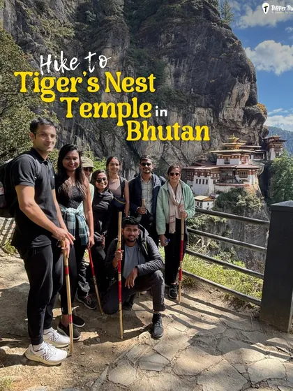 One of the ultimate bucket-list experiences: hiking to the Tiger's Nest Temple in Bhutan. Our group is ready to take on the challenge and witness the breathtaking beauty of this spiritual place.
