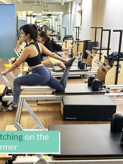 Here, we are using the reformer to achieve a deep stretch that improves flexibility and posture. The equipment provides support, allowing you to safely lengthen muscles and increase your range of motion in ways that might not be possible on a mat.