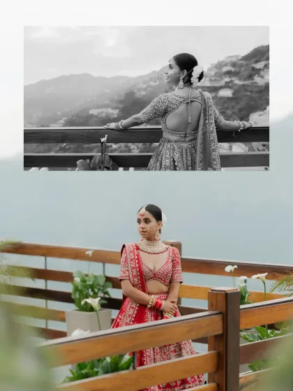 Two different angles of the bride posing on a balcony. These portraits highlight the intricate details of her lehenga and jewelry, as well as the stunning mountain views.