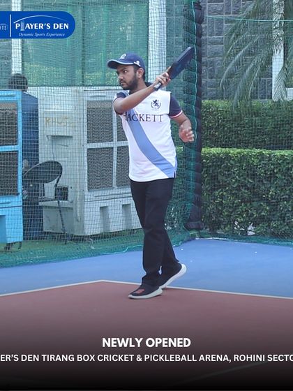 A batsman ready to strike the ball at our Player's Den Tirang Sports Arena in Rohini. Our facilities are perfect for both serious practice and casual gully cricket fun.