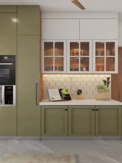 Another view from the same 3D design, this one shows the tall unit with an integrated oven and microwave, demonstrating how I plan for appliance placement right from the design stage.