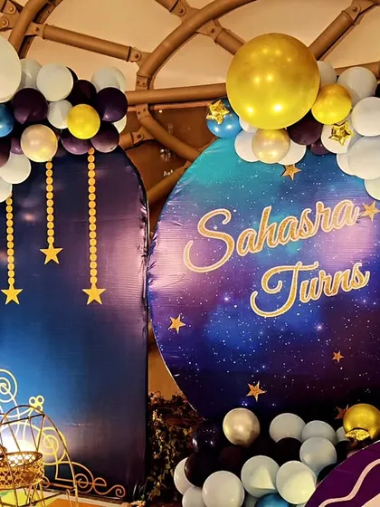 A close-up of a "Twinkle Twinkle Little Star" themed backdrop, showing the deep blue galaxy print and star details.