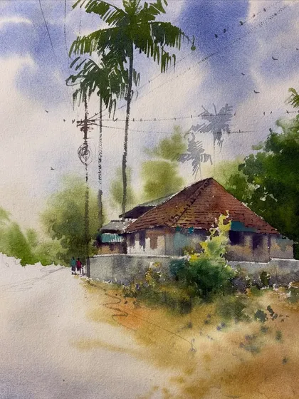 A watercolor landscape of a village path under a cloudy sky. I used a mix of greens and earthy tones to create a sense of harmony between the man-made structures and the natural environment.