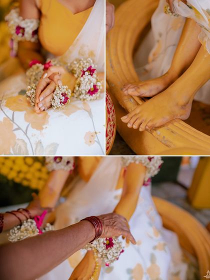 A collage of close-up shots from a Mangalasnanam ceremony, capturing the details of the ritual.
