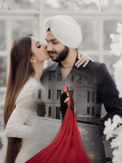 A beautiful double-exposure image combining an intimate kiss with a grand, romantic pose. This artistic technique helps tell a richer story within a single frame.
