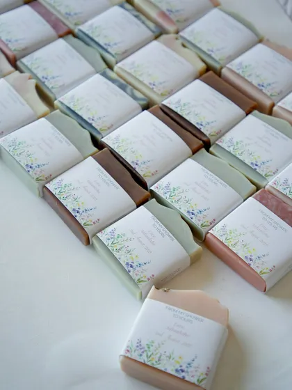 The full set of 60 soaps, a colorful and fragrant collection of handmade favors.