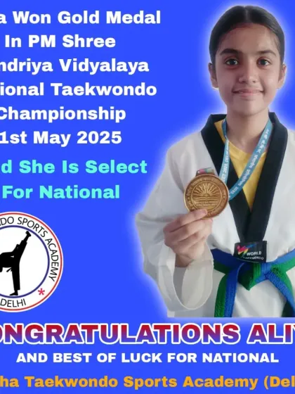 A congratulatory graphic celebrating Aliya's gold medal win and her selection for the National Taekwondo Championship.