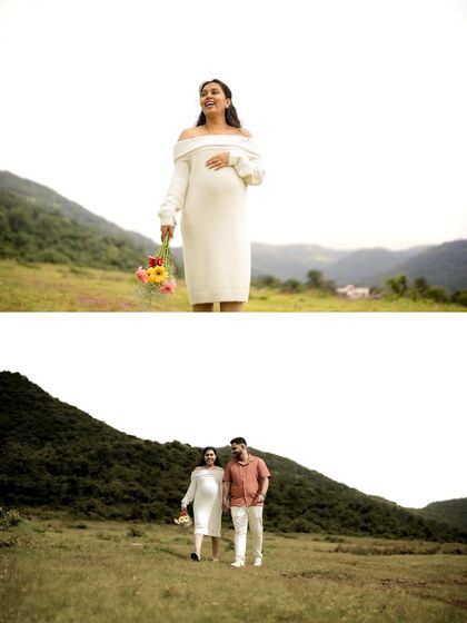 A collage showing the mom-to-be in a beautiful white dress, both in a solo portrait and walking with her partner through a green field.