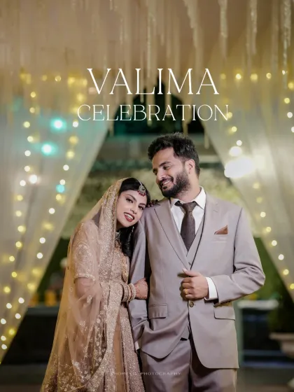 A romantic portrait of the couple at their 'Valima Celebration', framed by soft lights for a dreamy effect.