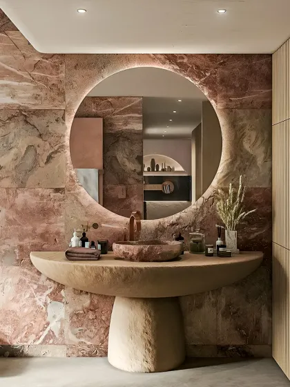 We crafted this statement bathroom to feel like a private spa. The design is centered around a custom pedestal sink and a backlit circular mirror, set against a dramatic wall of rose-toned natural stone, showcasing our expertise in luxury bathroom interiors and material selection.