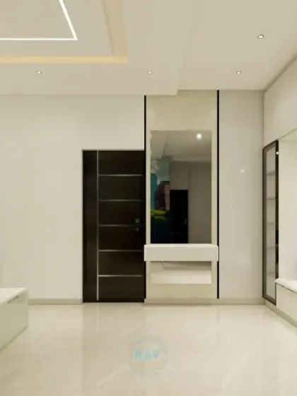 This view of the kids' room shows the vanity unit and a cozy window seat, providing plenty of space for both play and relaxation.