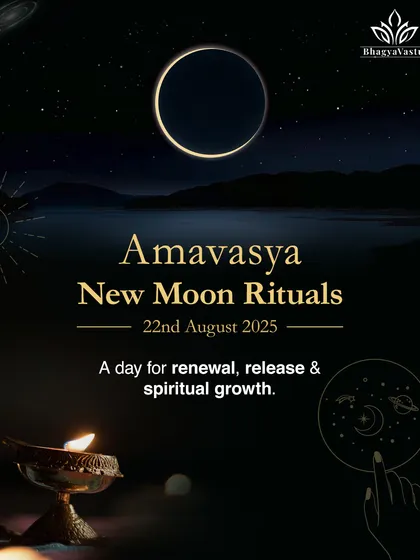 Amavasya rituals for renewal and spiritual growth. This graphic introduces the significance of the new moon on August 22nd, 2025. It is a powerful day for releasing negativity, honoring ancestors, and setting new intentions for personal and spiritual progress.