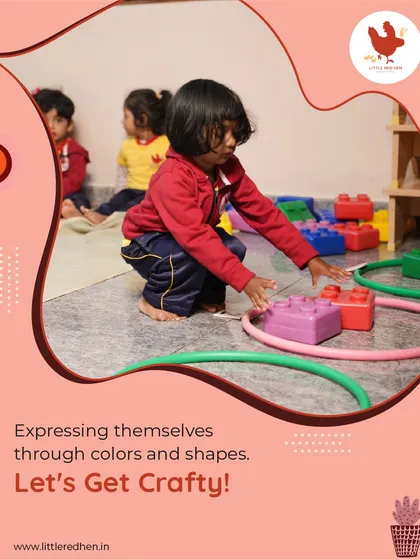 Let's get crafty! Children express themselves through colors and shapes, using blocks and hula hoops to create their own patterns and structures on the floor.