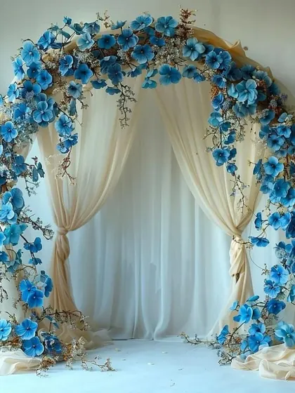 A full, rounded arch of blue flowers draped with sheer fabric, creating a romantic and picturesque setting for any special occasion.