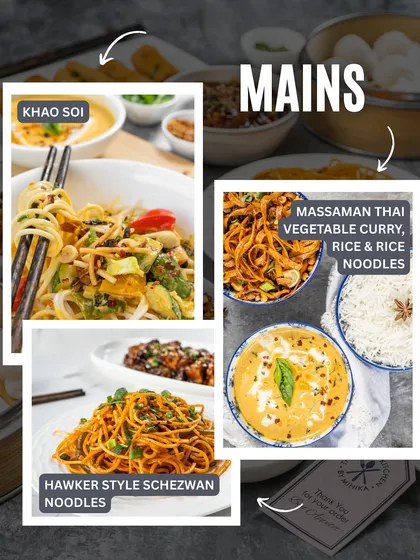 For an Oriental main course, choose from comforting Khao Soi, Massaman Thai curry, or spicy Hawker-style Schezwan noodles.