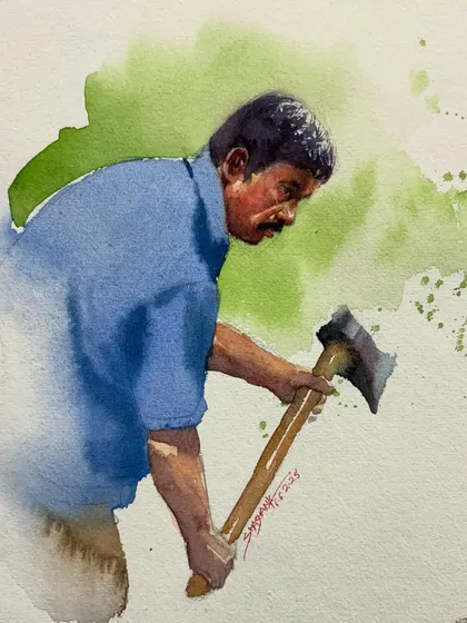 This watercolor figure painting shows a man at work. I used strong, directional light to define his form and the tool in his hand, creating a sense of action and purpose.
