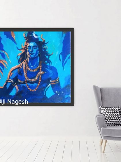 Another mock-up showing how the 'Shivoham' painting can transform a space. Its square format and bold colors work well in modern and minimalist interiors, creating a powerful focal point.