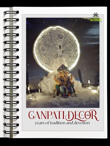 An out-of-this-world Ganpati decor theme inspired by the moon landing. This creative setup showcases our ability to bring any imaginative concept to life for home celebrations.